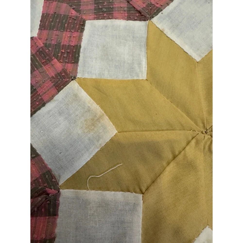 Vintage Hand Pieced Quilt Block Orphan Square 8-Point Star gold/pink/olive 14